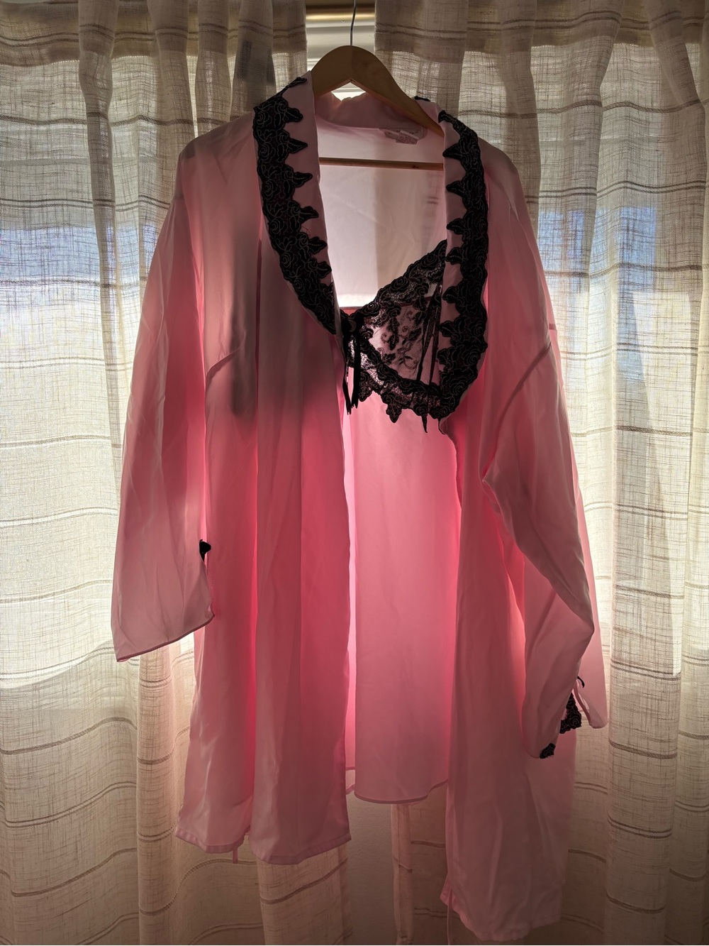 Sheer Pink Lace-Trim Robe with Black Lace Detail